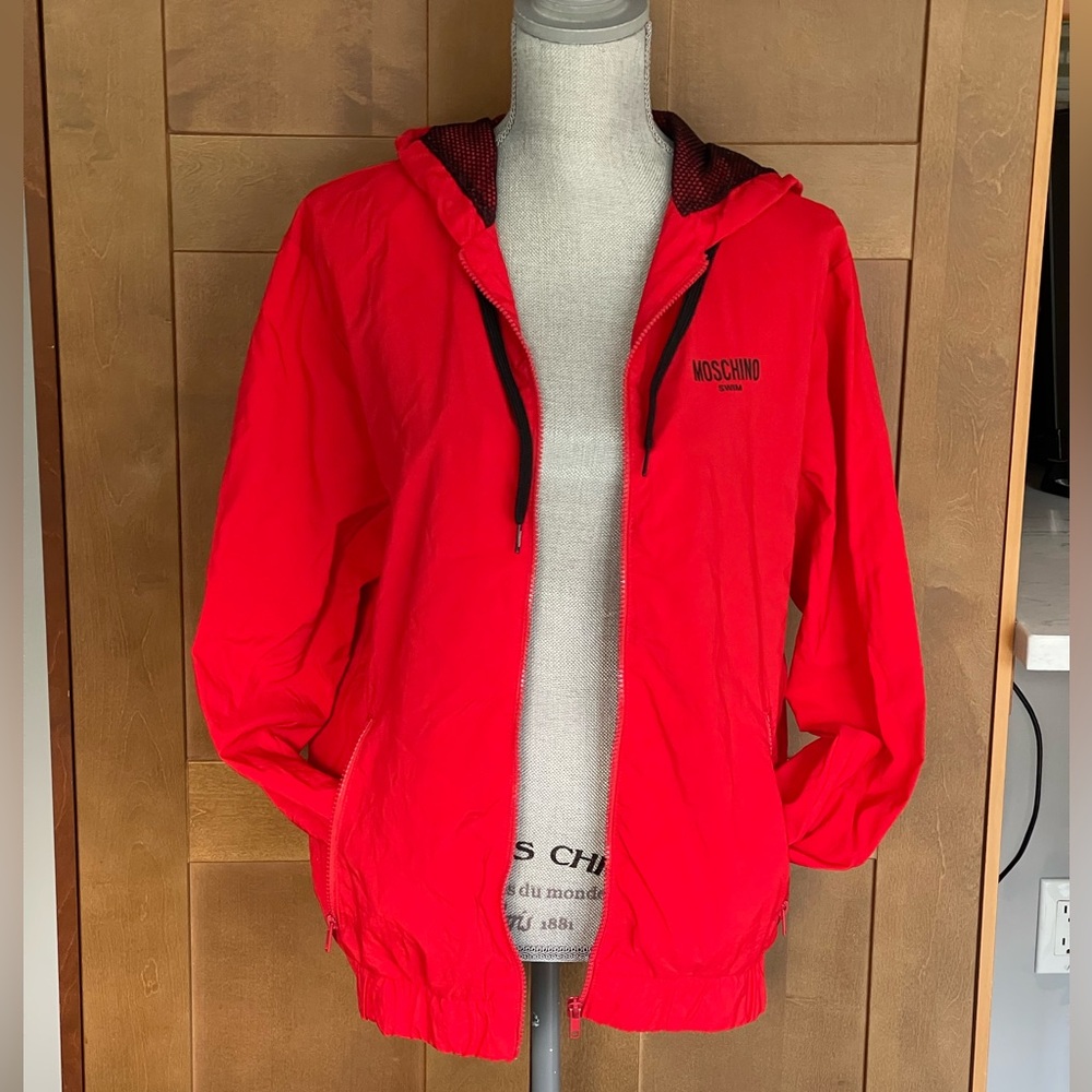 MOSCHINO SWIM Red Hooded Zip Windbreaker Jacket, Size Small
